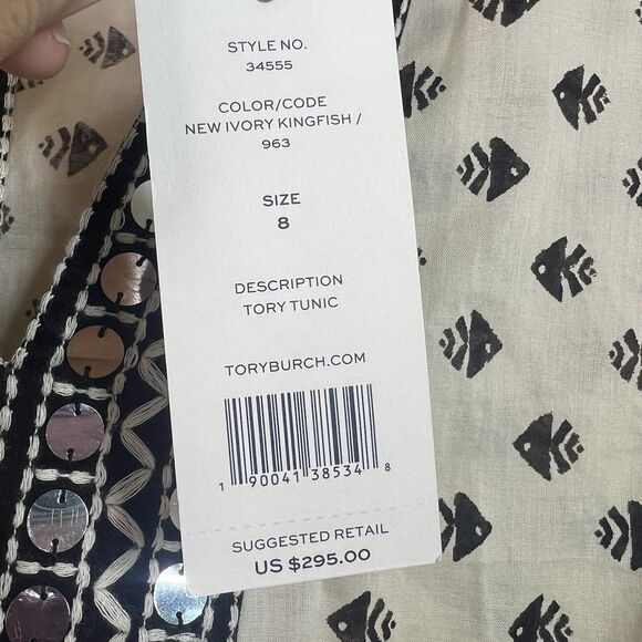 Tory Burch Kingfish Print Sequin Embellished Ivory Cotton Tunic Size 8 NWT - Picture 8 of 11